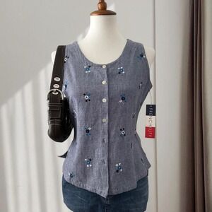 Frenchkuff Women Blue Chambray Floral Embroidered Button Down Sleeveless Top S